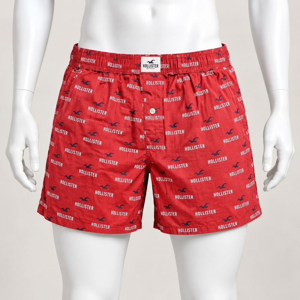 Hollister Boxer Shorts Mens Medium Red All Over Logo Print Button Fly Sleep Wear